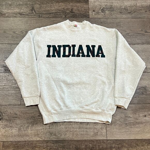 Vintage 90s University of Indiana Plaid Letters Gray Sweatshirt - Men's XL - Picture 1 of 8
